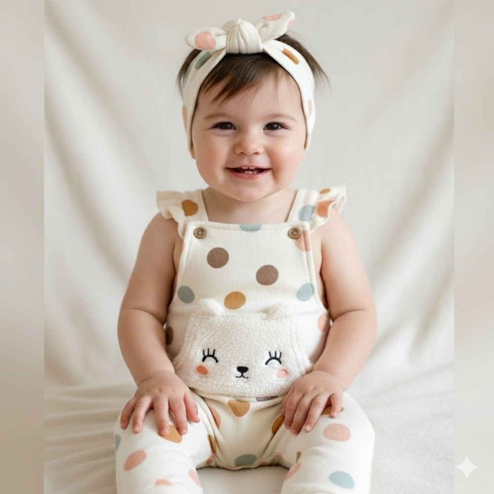 Polka Dot Romper&Headband Set 24 Months with Fleece Animal Pocket